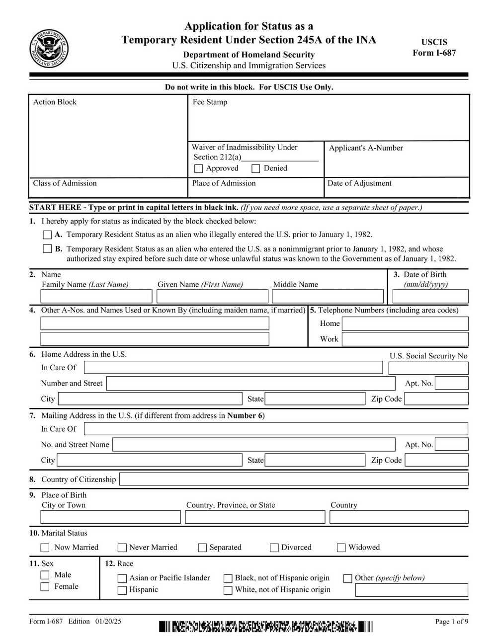 Form I-687 PDF Download – Temporary Resident Application