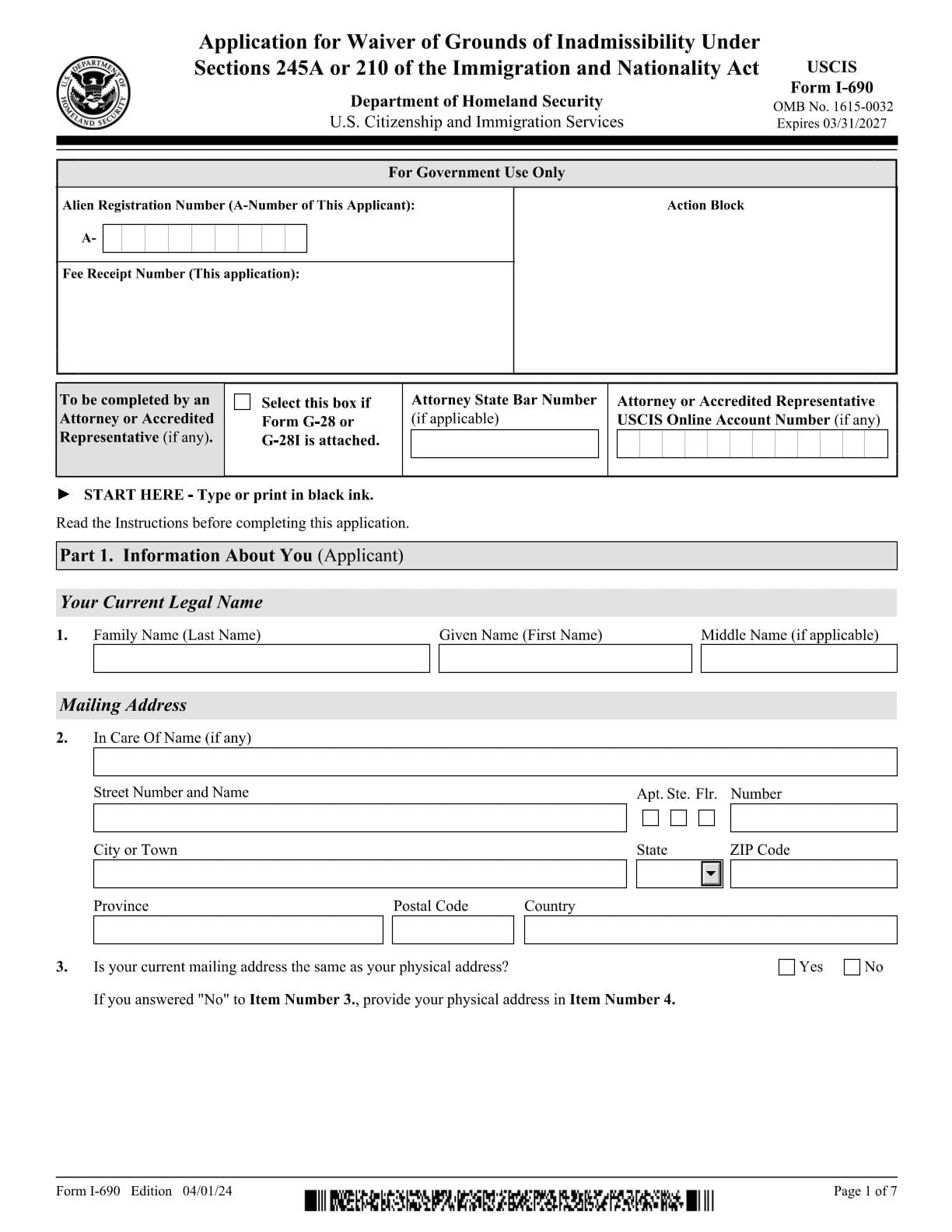 Form I-690 PDF Download – Immigration Waiver Form
