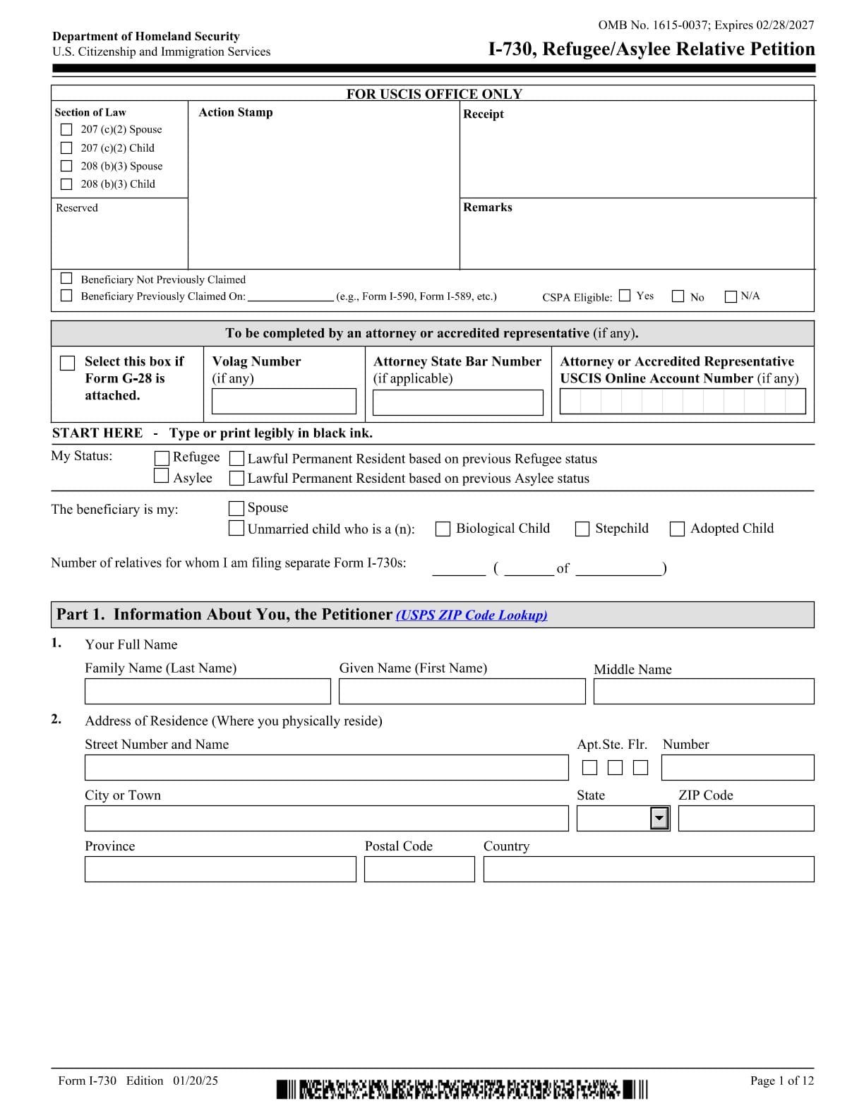 Form I-730 PDF Download – Refugee Relative Petition