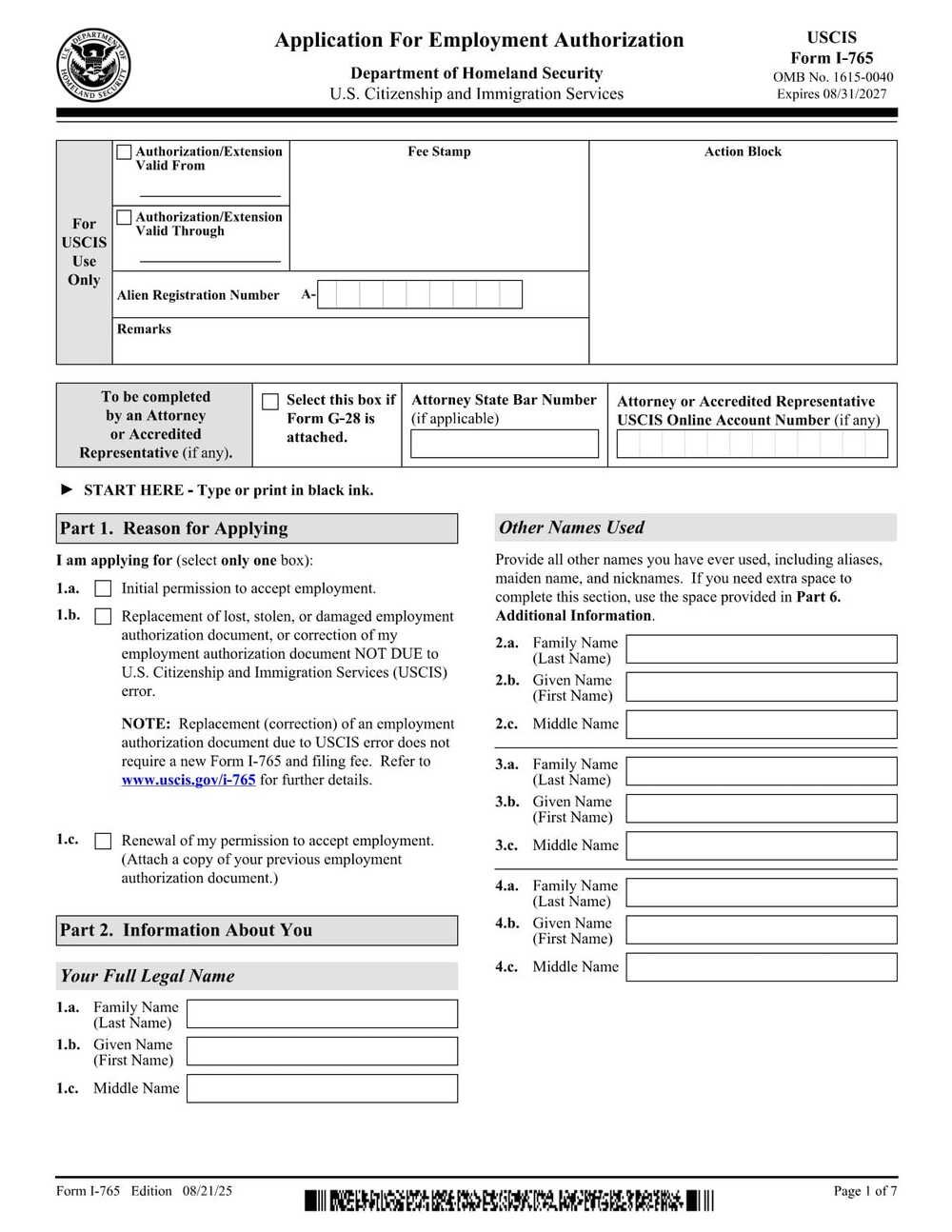 Form I-765 PDF Download – Employment Authorization Application