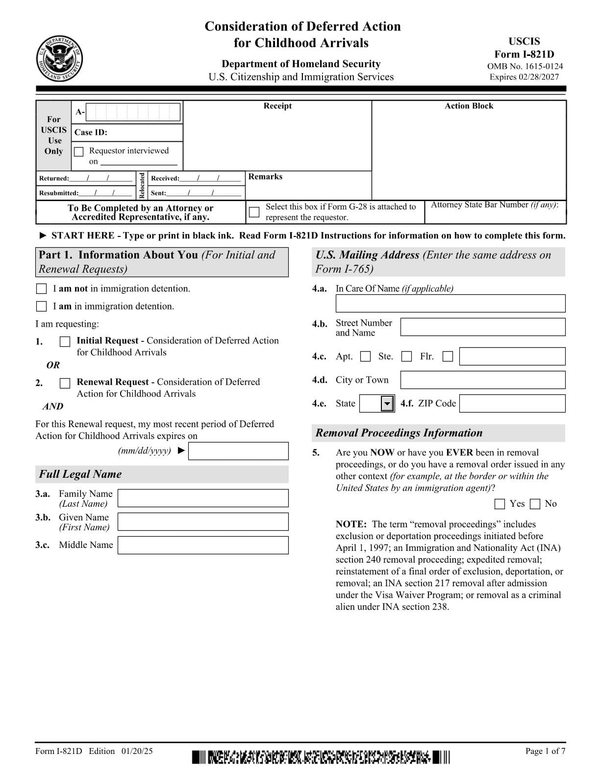 Form I-821D PDF Download – DACA Application