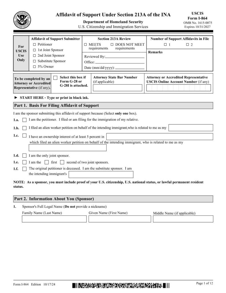 Form I-864 PDF Download – Affidavit of Support Form