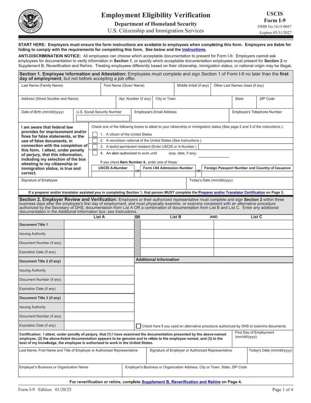Form I-9 PDF Download – Employment Eligibility Verification Form