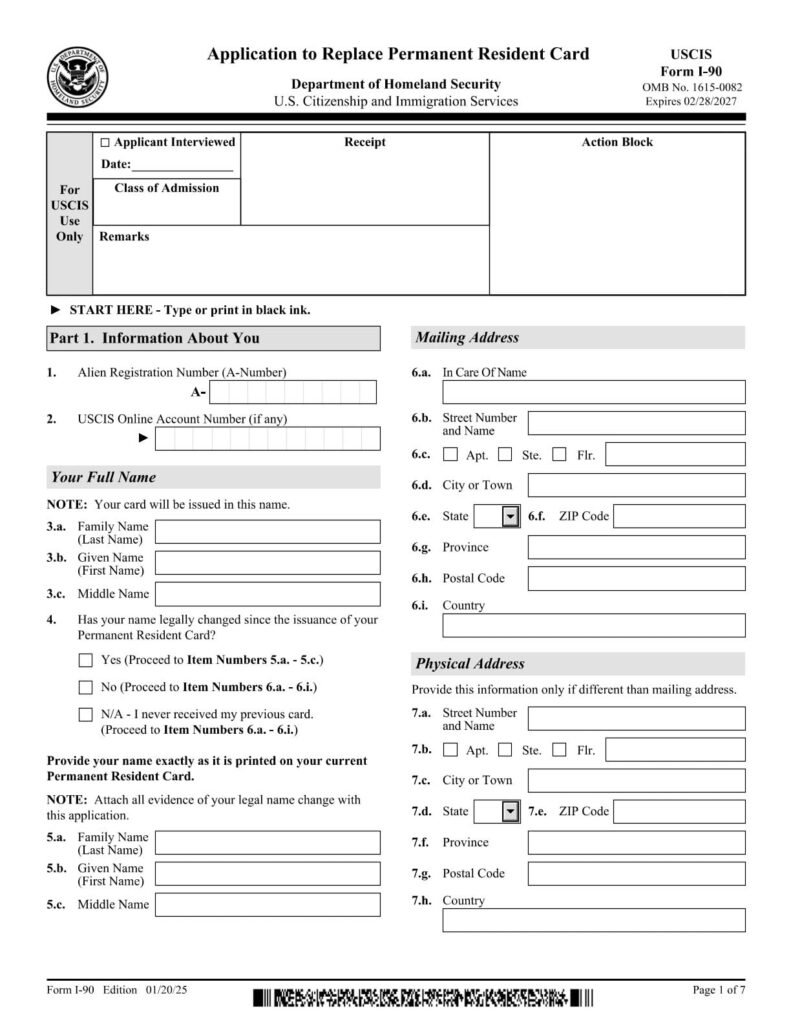 Form I-90 PDF Download – Green Card Replacement Form