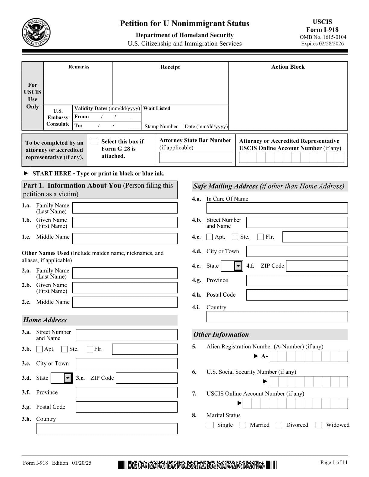 Form I-918 PDF Download – Crime Victim Visa Petition