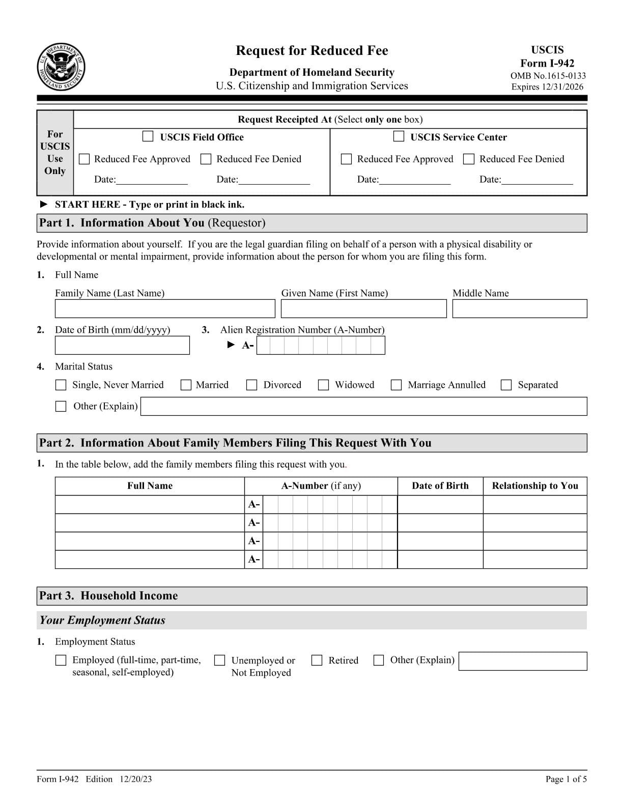 Form I-942 PDF Download – USCIS Reduced Fee Request