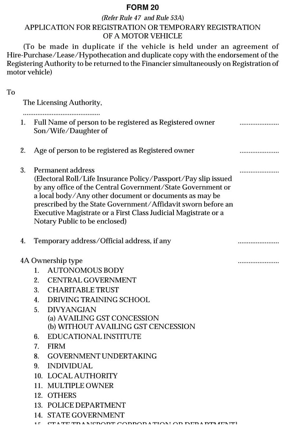 Form No.20 Form for Registration of a Vehicle Download file pdf