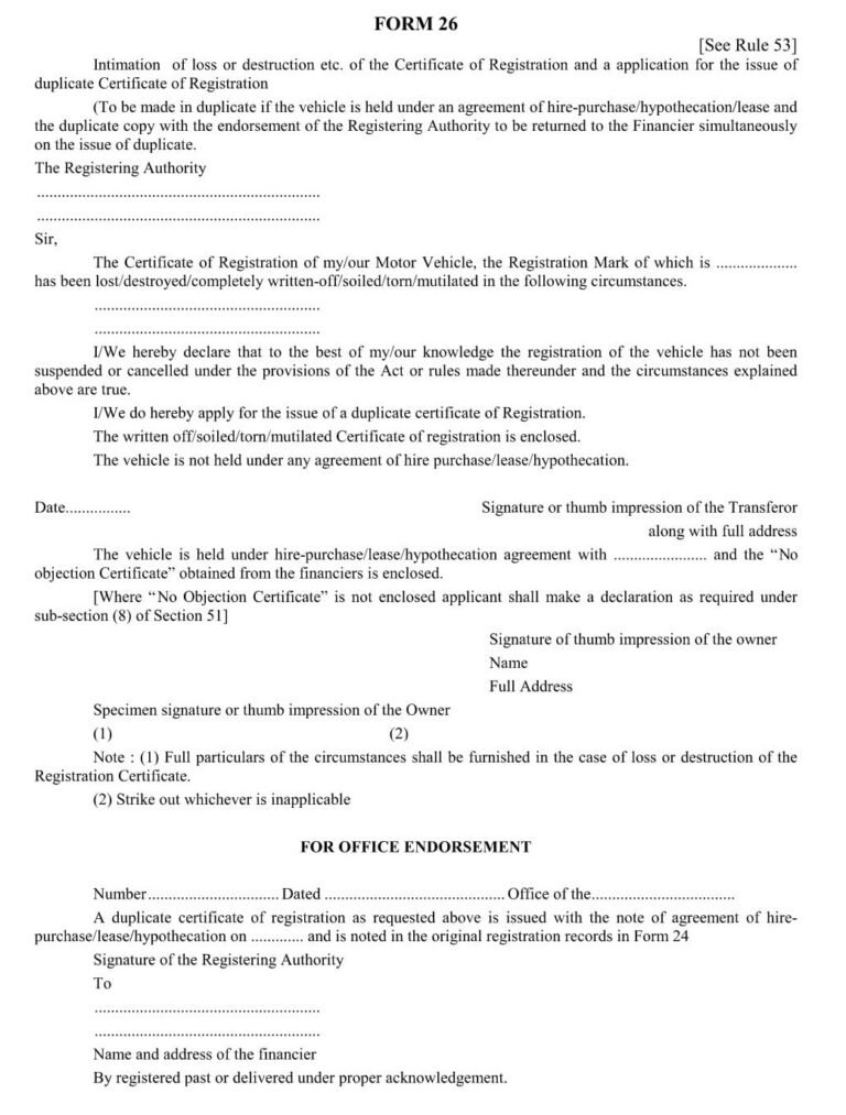 Form No.26: Issue of Duplicate Certificate of Registration Download PDF ...