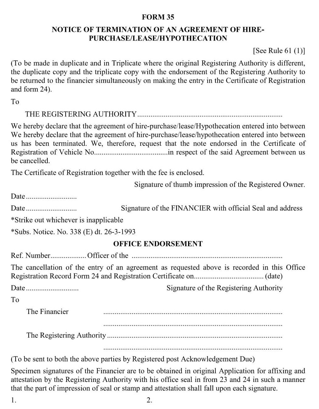 Form No.35 Notice of termination of HirePurchaseLease Download file pdf