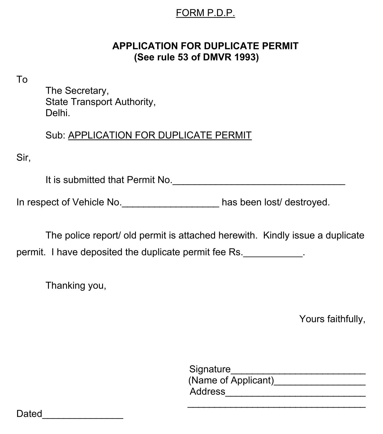 Form P.D.P - Duplicate Permit Download file doc