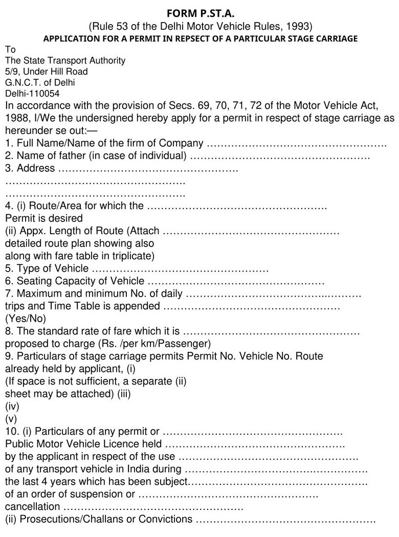 Form P.ST.A - Stage Carriage Permit Download file doc