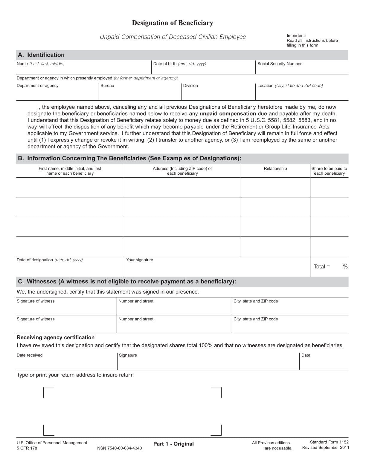 Form SF-1152 PDF Download – Beneficiary Designation