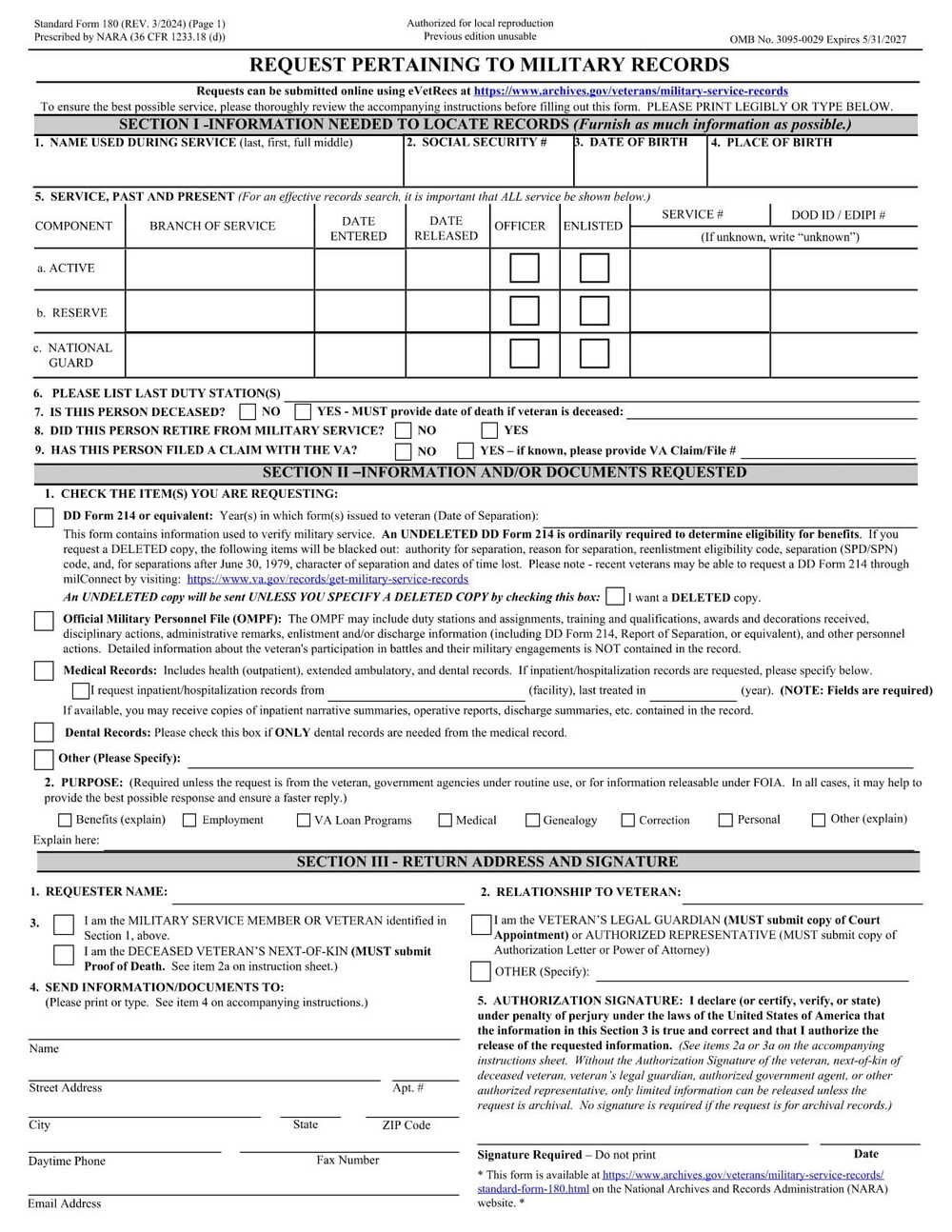 Form SF-180 PDF Download – Request Pertaining to Military Records