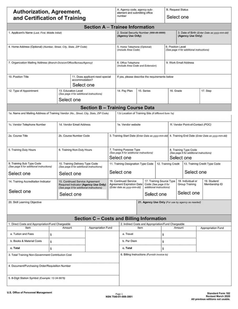 Form SF-182 PDF Download – Government Training Authorization