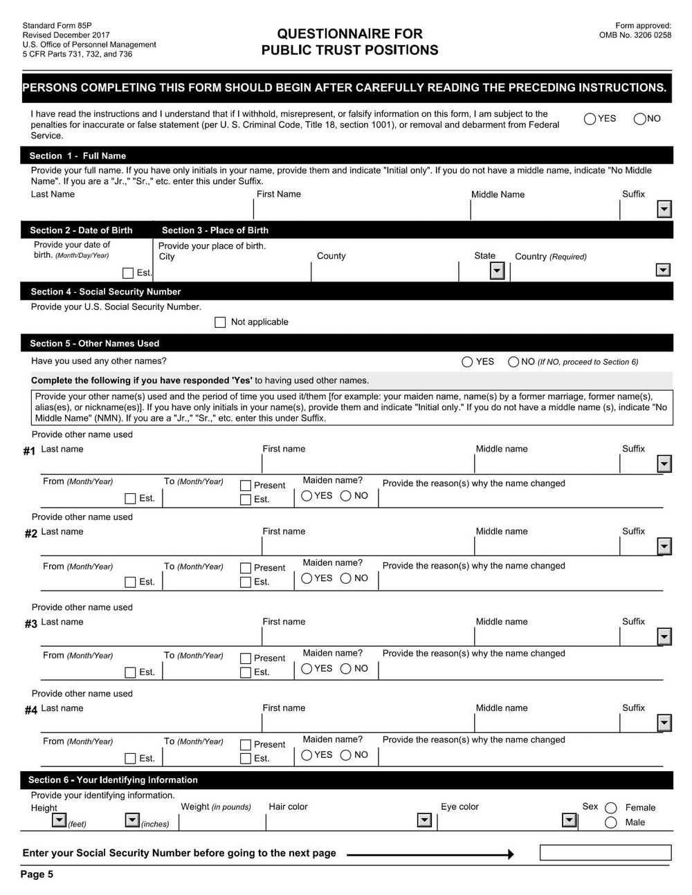 Trust Inspection Form Form SF-85P PDF Download – Public Trust Background Investigation