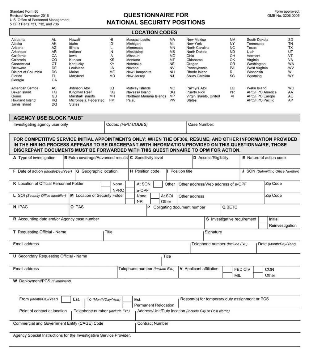 Form SF-86 Security Clearance Form PDF Download
