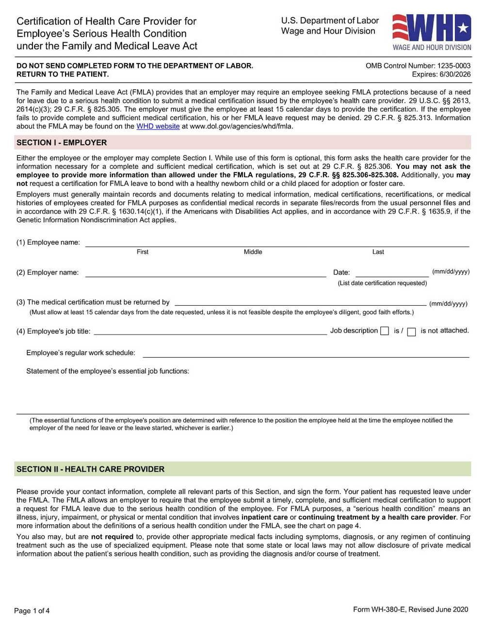 Form WH-380-E PDF Download – FMLA Medical Certification