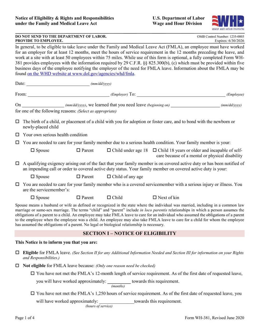 Form WH-381 PDF Download – FMLA Eligibility Notice