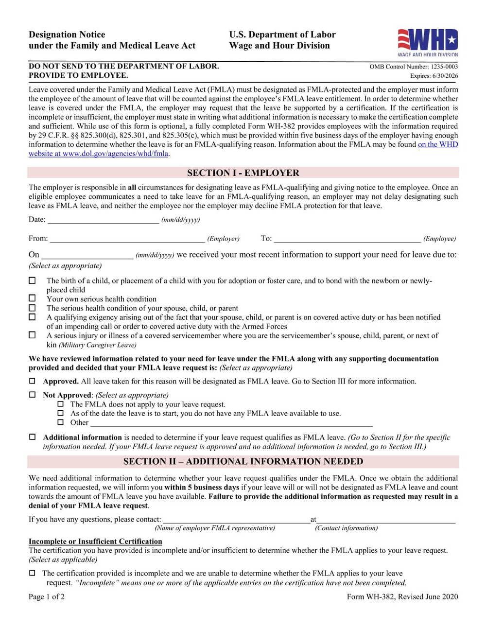 Form WH-382 PDF Download – FMLA Designation Notice