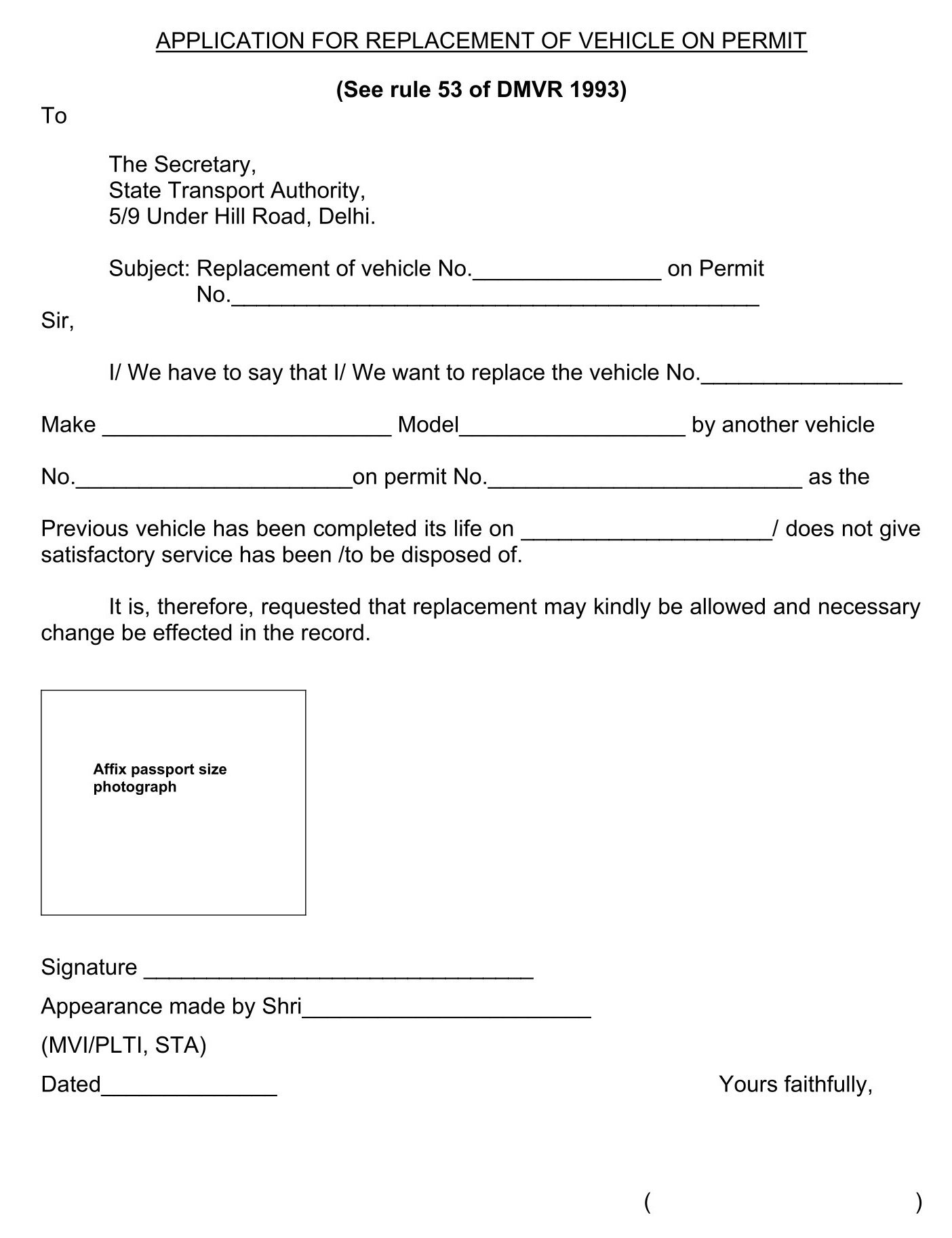 Form for replacement of vehicle on permit Download file pdf