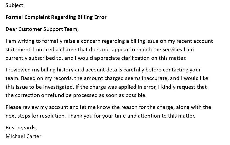 Formal Complaint Regarding Billing Error