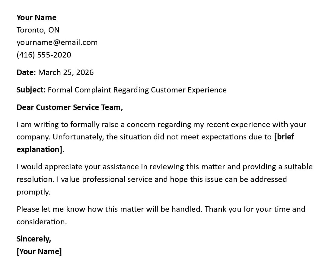 Formal Complaint Regarding Customer Experience