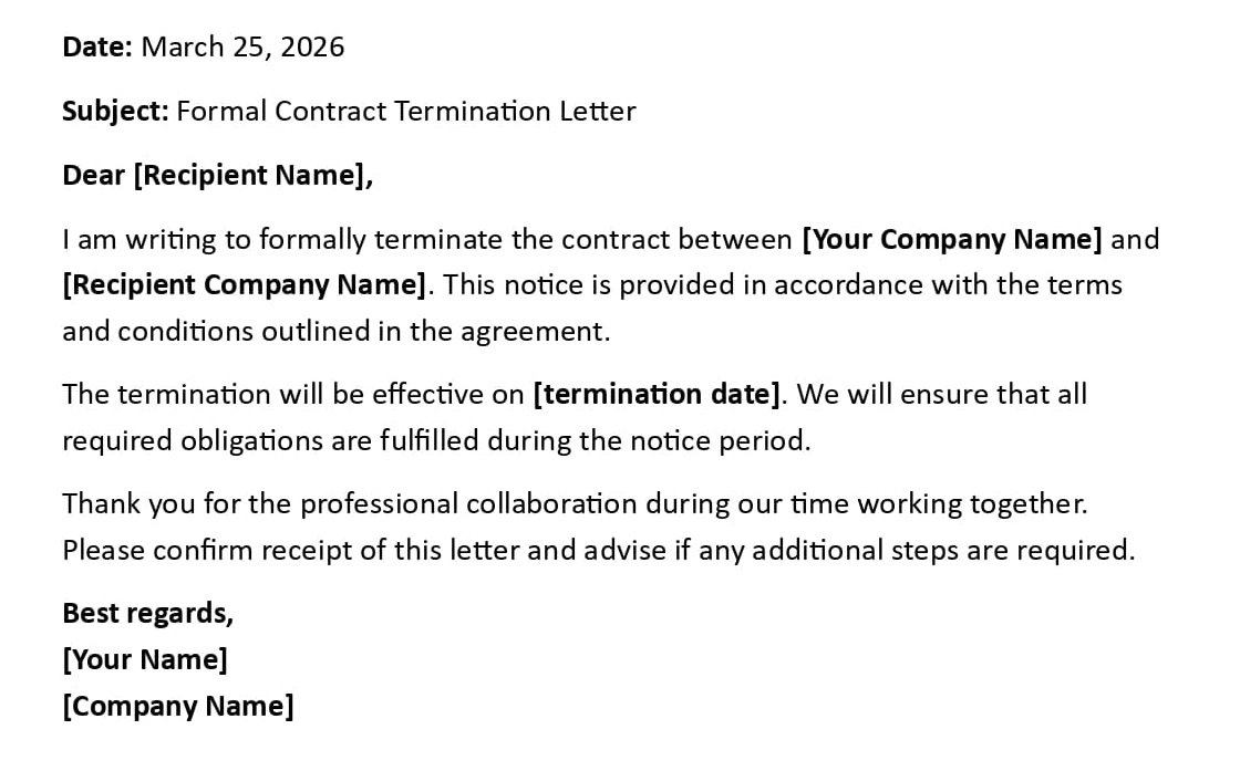 Formal Contract Termination Letter