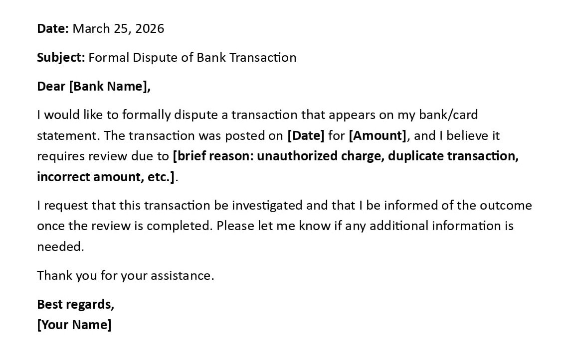 Formal Dispute of Bank Transaction