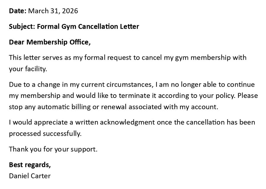 Formal Gym Cancellation Letter