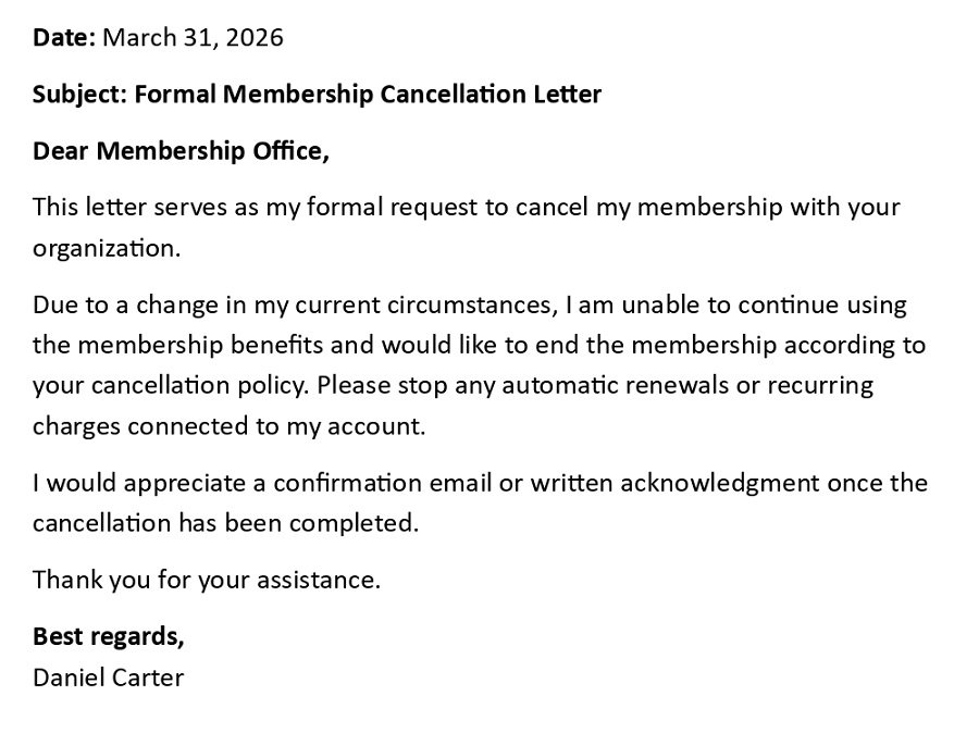Formal Membership Cancellation Letter