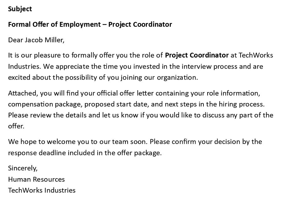 Formal Offer of Employment – Project Coordinator