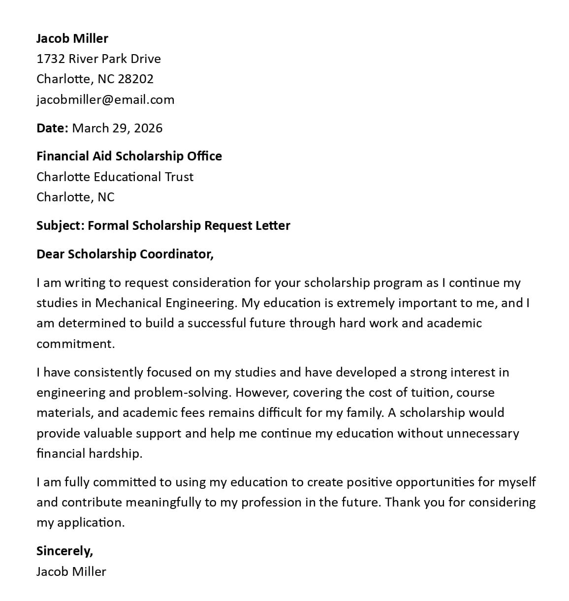 Formal Scholarship Request Letter