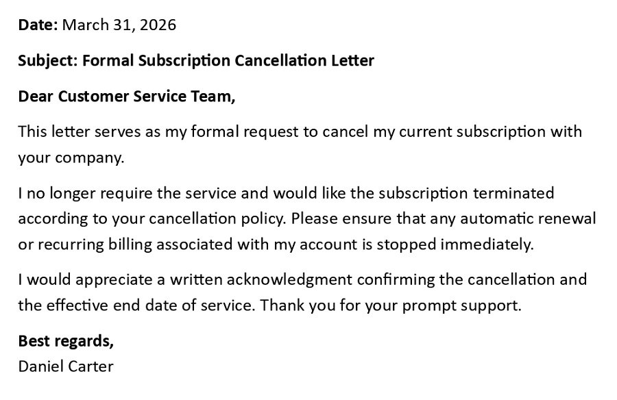 Formal Subscription Cancellation Letter