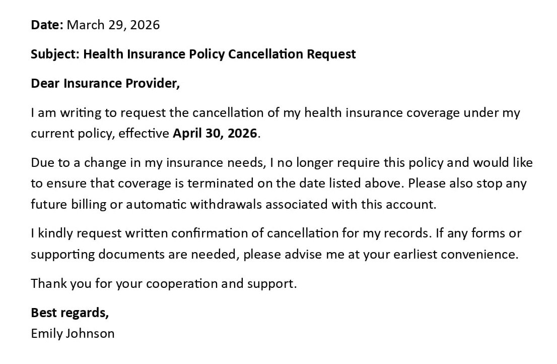 Health Insurance Policy Cancellation Request