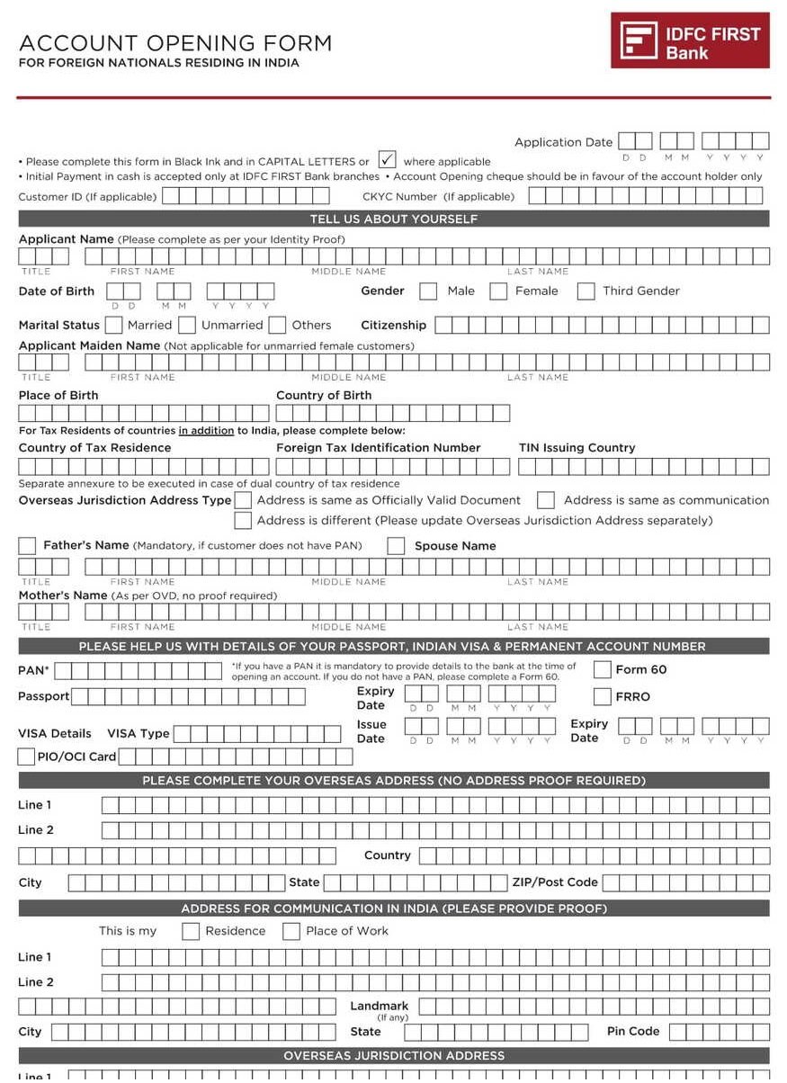 IDFC First Bank Account Opening Form - Foreign Nationals Residing in India PDF Download