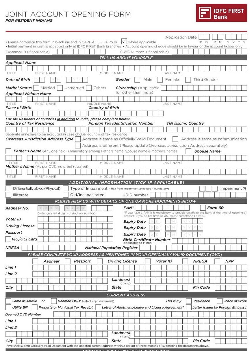 IDFC First Bank Account Opening Form - Joint Holders PDF Download