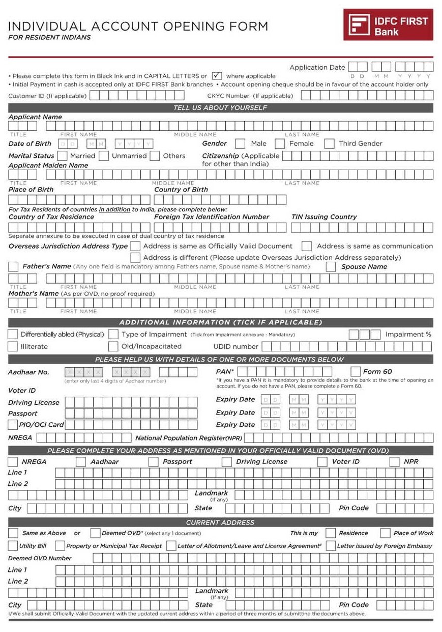 IDFC First Bank Account Opening Form - Single Holder PDF Download