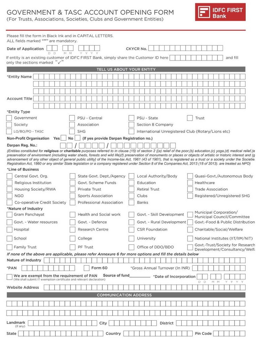 IDFC First Bank Account Opening Form for Government & TASC Entities PDF Download
