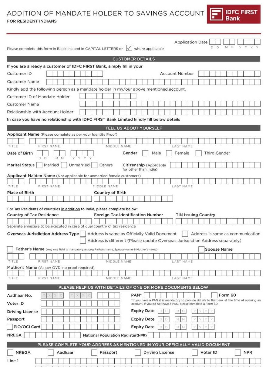 IDFC First Bank Addition of Mandate Holder for Individual PDF Download