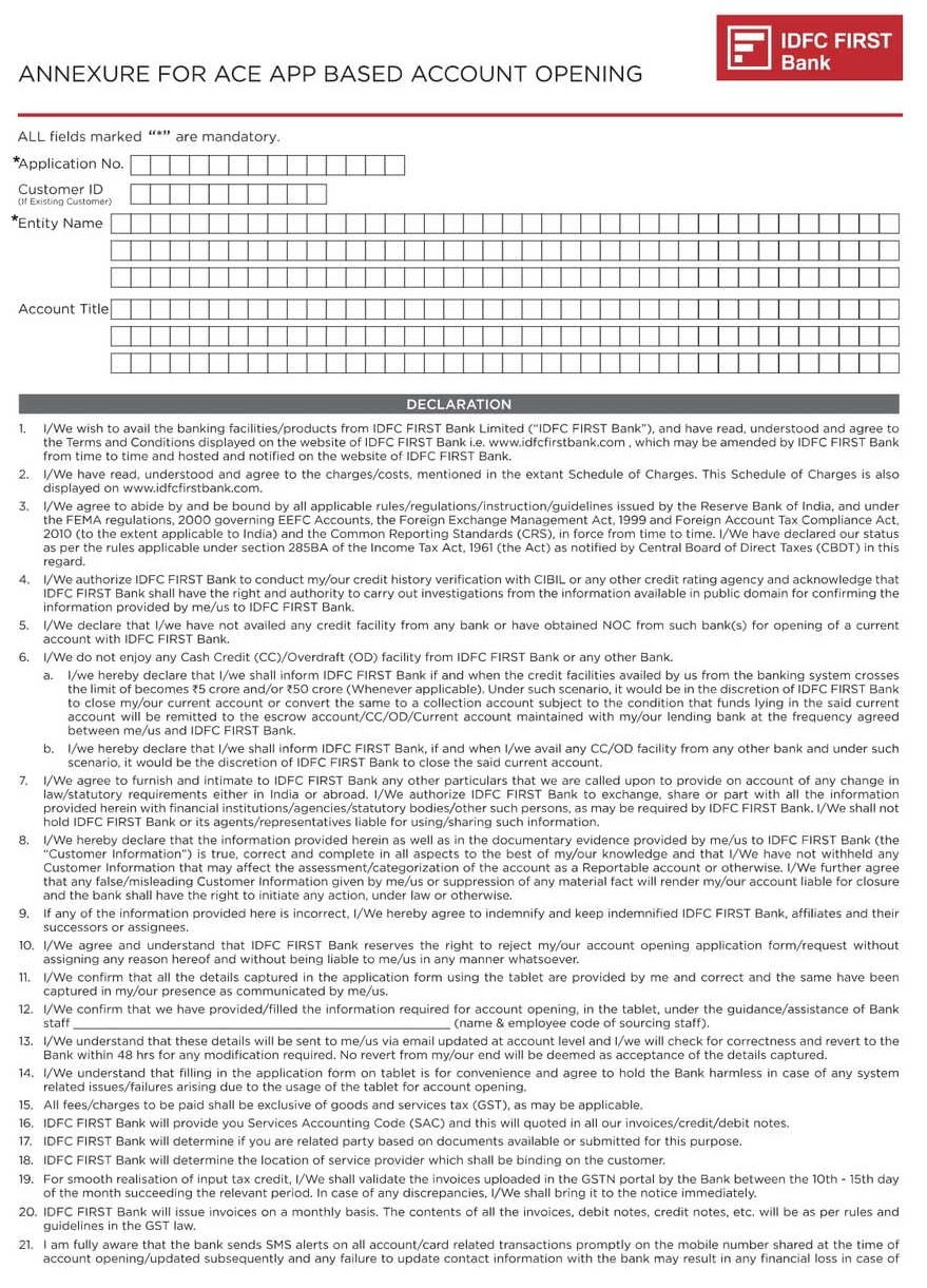 IDFC First Bank Annexure for ACE APP Based Account Opening PDF Download