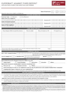 IDFC First Bank Application Form for Overdraft Against Fixed Deposit PDF Download