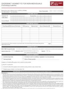 IDFC First Bank Application form for overdraft Against Fixed deposit for Non Individuals PDF Download
