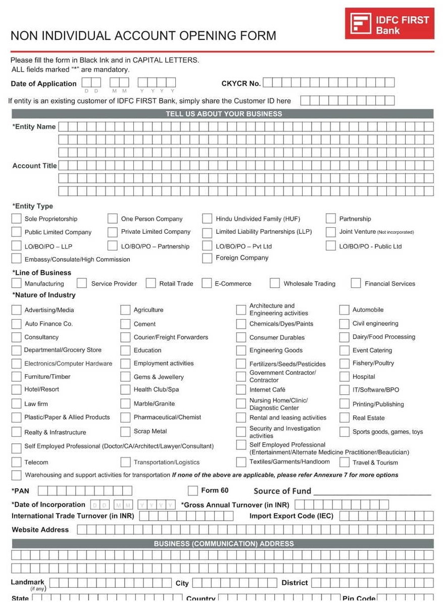 IDFC First Bank Current Account Opening Form for Business Entities - New Form PDF Download