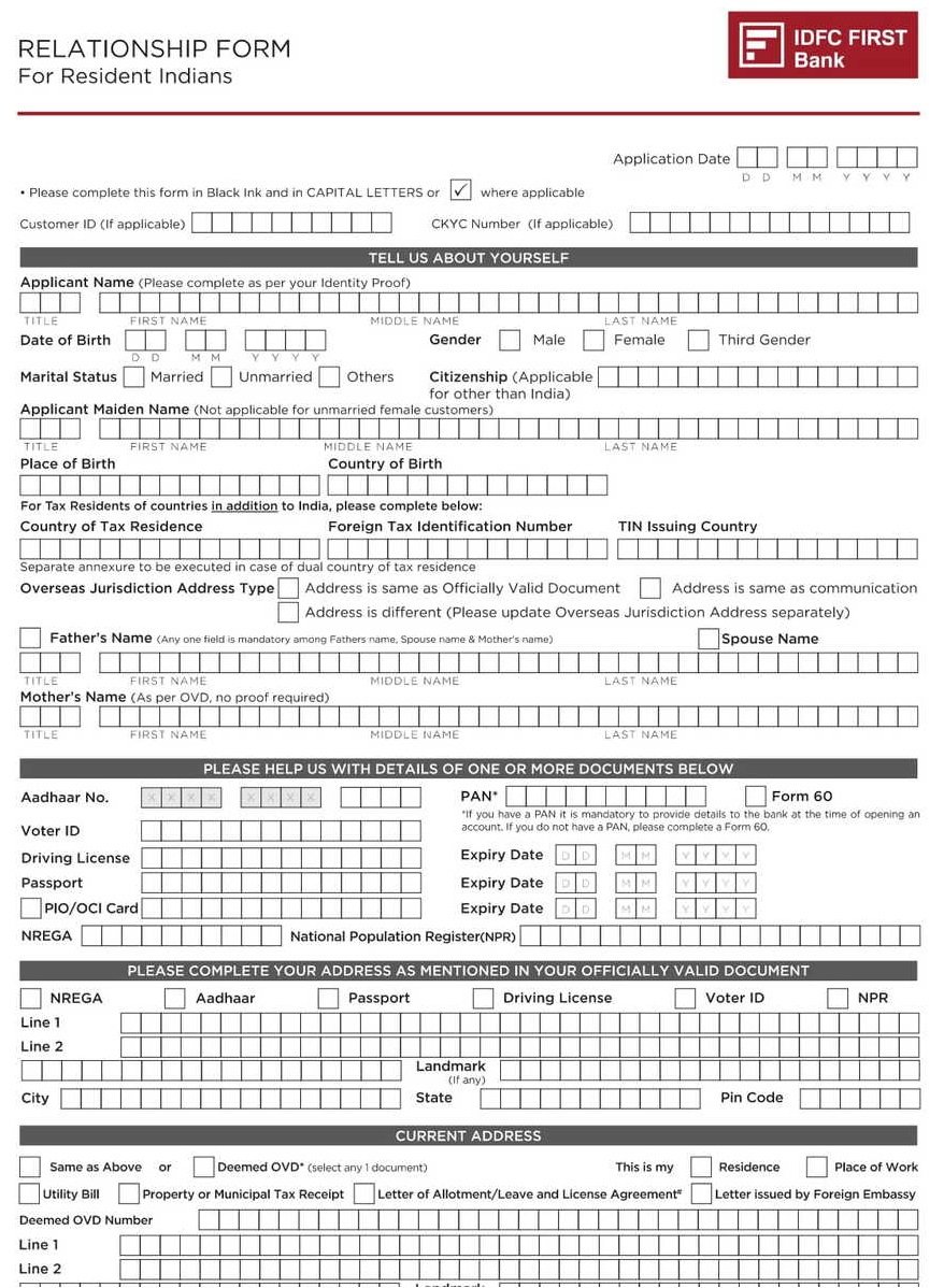 IDFC First Bank Customer ID Creation Form PDF Download