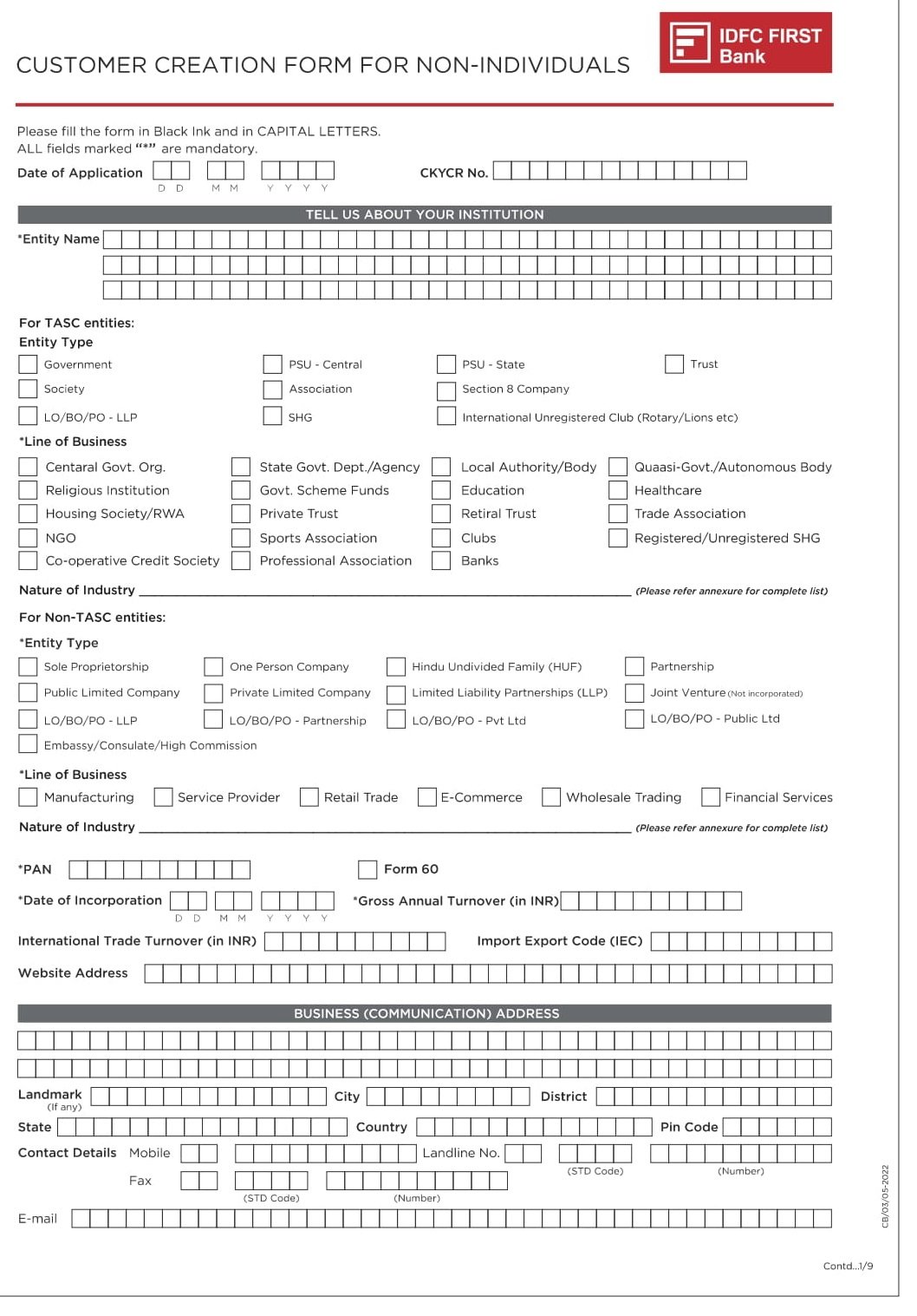 IDFC First Bank Customer ID creation form for Non Individuals PDF Download