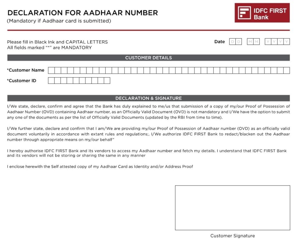 Idfc Demand Draft Form.pdf IDFC First Bank Declaration For Aadhaar Number PDF Download