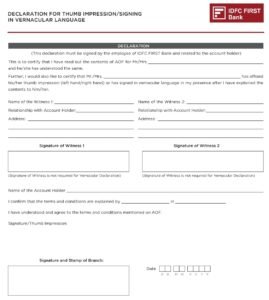 IDFC First Bank Declaration for Thumb Impression and Signing in Vernacular Language PDF Download