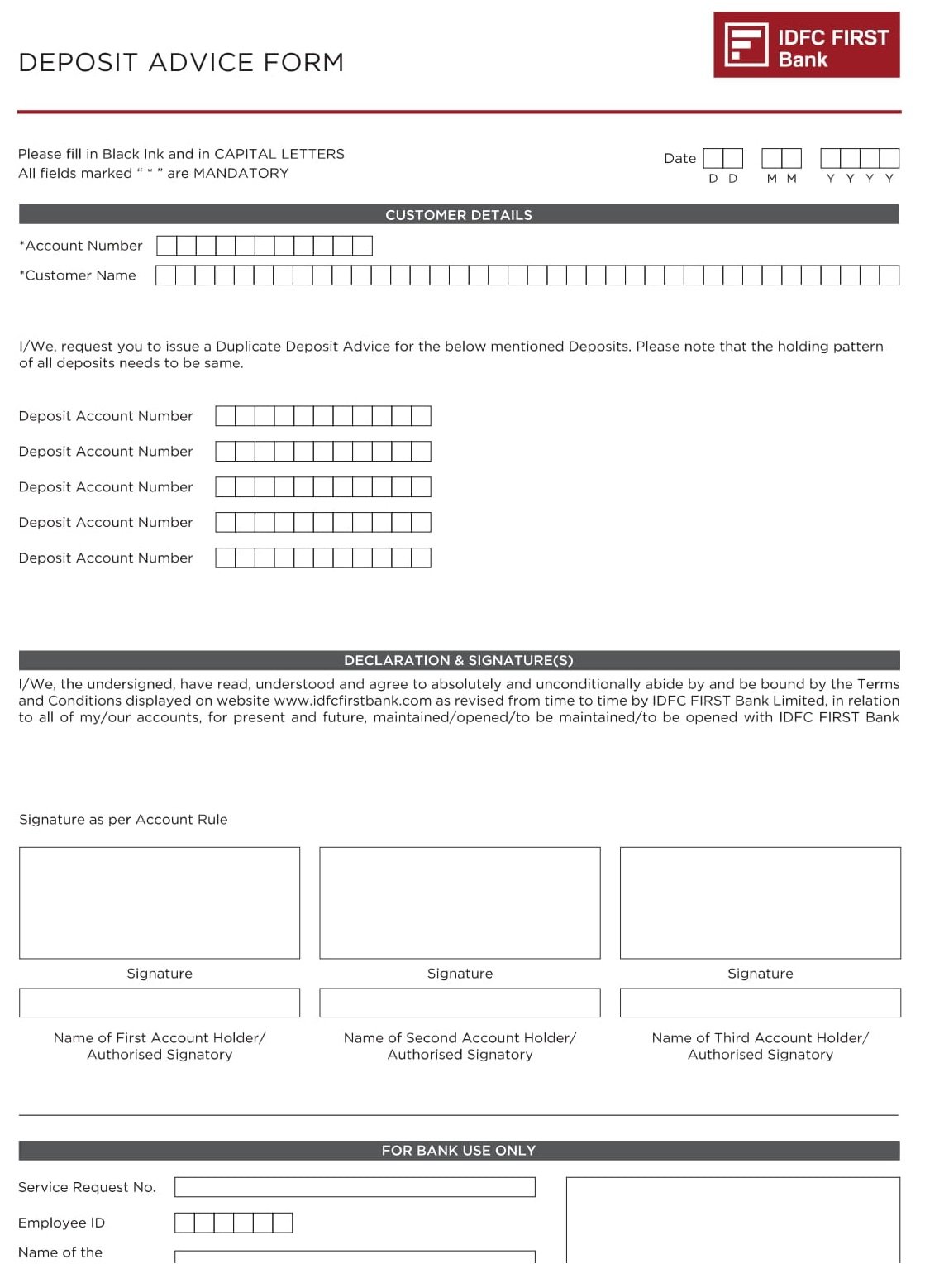 IDFC First Bank Deposit Advice Request PDF Download