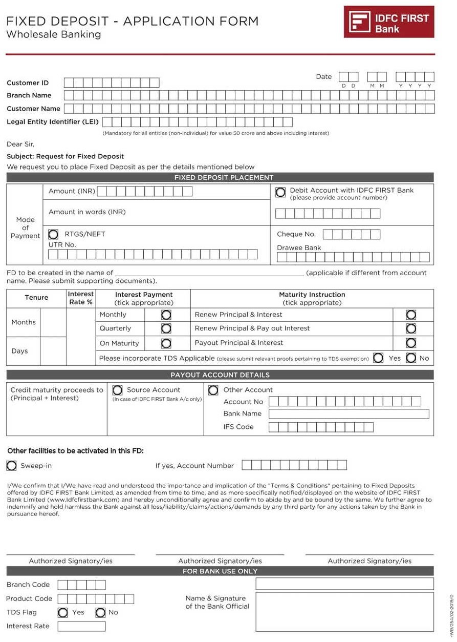 IDFC First Bank Fixed Deposit Form PDF Download