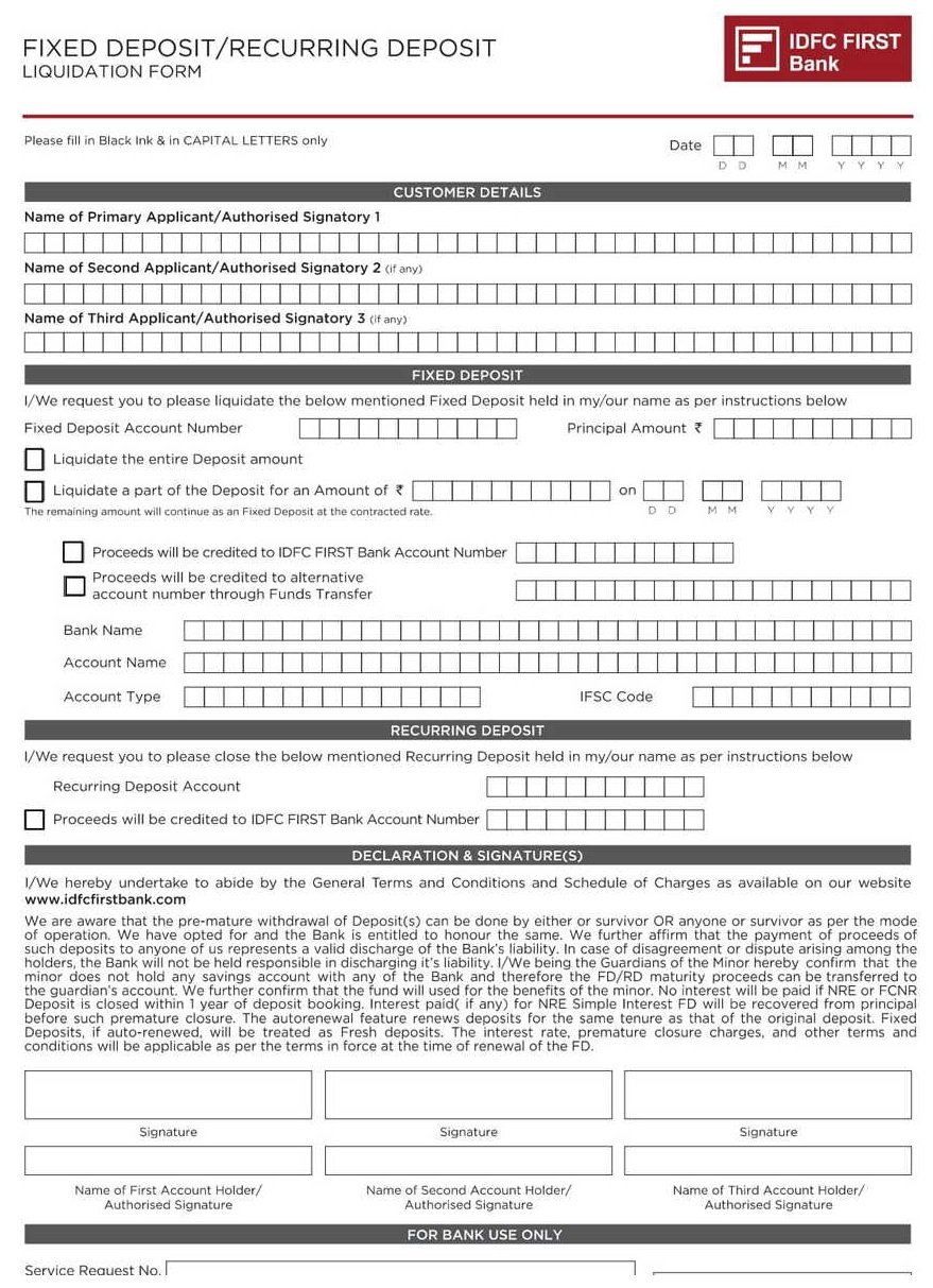 IDFC First Bank Fixed Deposit - Recurring Deposit Liquidation PDF Download